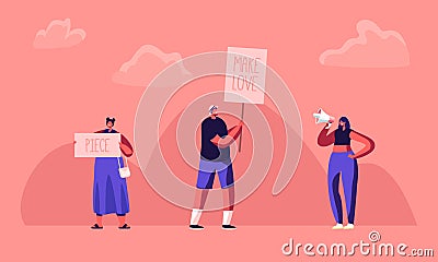 Hippie Male and Female Activist Characters with Banners for Love and Piece, Riot, Picket. Protesting People with Placards Vector Illustration