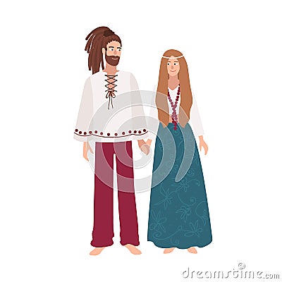 Hippie man and woman with long hair dressed in loose ethnic clothes standing together and holding hands. Male and female Vector Illustration