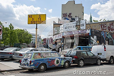 Hippie painted old car parked on Brooklyn street Editorial Stock Photo