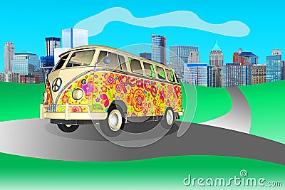 Hippie Peace Love VW Bus Cartoon Illustration