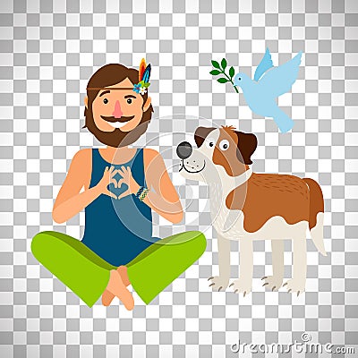Hippie peace man with dog Vector Illustration