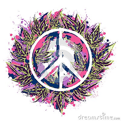 Hippie peace symbol with cannabis leaves in watercolor style. Hippie theme. Vector Illustration