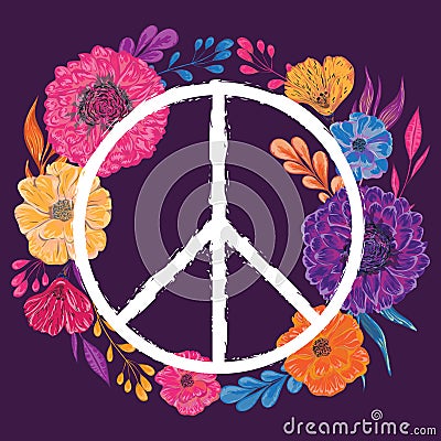 Hippie peace symbol with flowers, leaves and buds. Collection decorative floral design elements. Vector Illustration