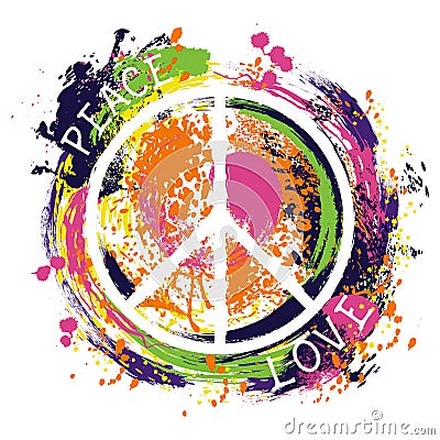 Hippie peace symbol. Peace and love. Colorful hand drawn grunge style art. Vector Illustration