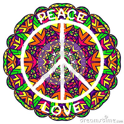 Hippie peace symbol. Peace and love on ornate colorful mandala background. Vector Illustration