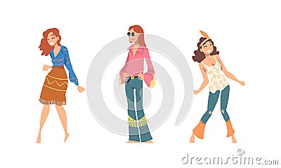 Hippie People Character Wearing Retro Style Clothing Performing Dancing Movement Vector Set Vector Illustration