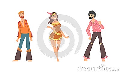 Hippie People Character Wearing Retro Style Clothing Performing Dancing Movement Vector Set Vector Illustration