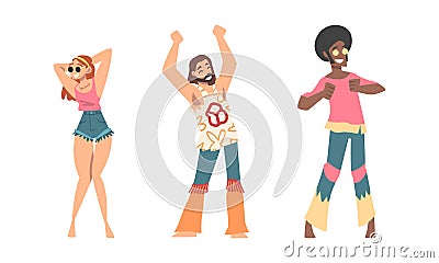 Hippie People Character Wearing Retro Style Clothing Performing Dancing Movement Vector Set Vector Illustration