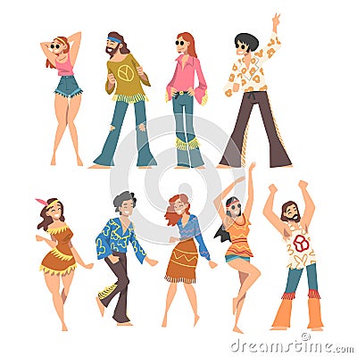 Hippie People Characters Set, Young Men and Women Wearing Retro Style Clothing of 70s Happily Dancing at Party Cartoon Vector Illustration