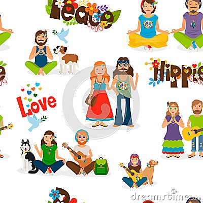 Hippie people seamless pattern Vector Illustration