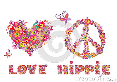 Hippie print with heart shape, abstract colorful flowers, peace symbol, mushrooms and rainbow Vector Illustration