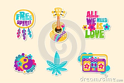 Hippie Retro Vintage Stickers with Dreamcatcher, Guitar, Cassette Recorder and Yin Yang Vector Set Vector Illustration