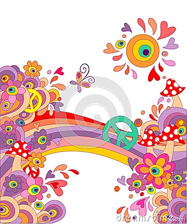 Hippie summery background with abstract colorful flowers, mushrooms, peace symbol and rainbow Vector Illustration