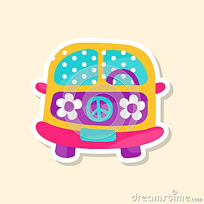 Hippie van from the 60ies in flower style, cute sticker in bright colors, fashion patch vector illustration Vector Illustration