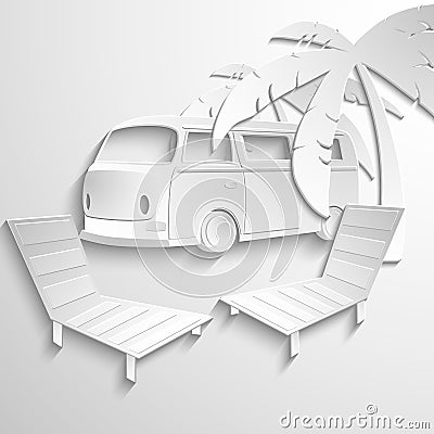 Hippie van travel beach adventure vacation flat 3d Vector Illustration