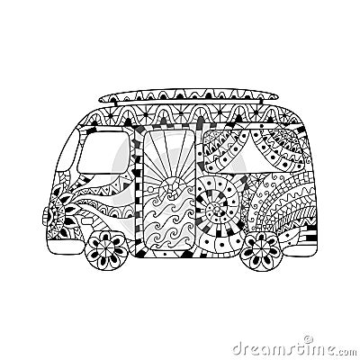 Hippie vintage car a mini van in zentangle style for adult anti stress. Vector Illustration