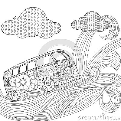 Hippie vintage car minivan on a wave in the sky vector illustration Vector Illustration