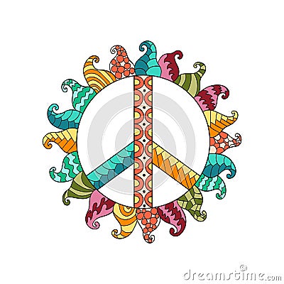 Hippie vintage peace symbol in zentangle style. Vector Illustration