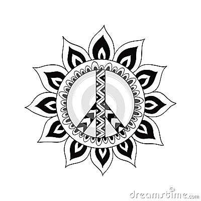 Hippie vintage peace symbol in zentangle style. Vector Illustration