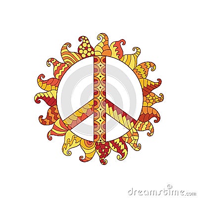 Hippie vintage peace symbol in zentangle style. Vector Illustration