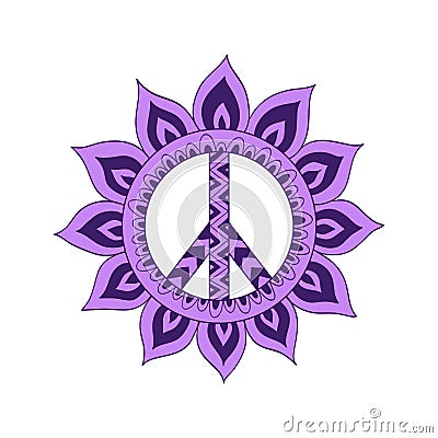 Hippie vintage peace symbol in zentangle style. Vector Illustration