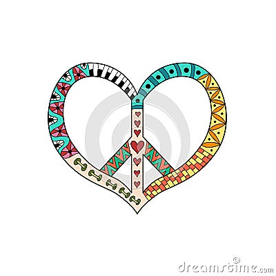 Hippie vintage peace symbol in zentangle style. Pacific sign in heart`s shape. Vector Illustration