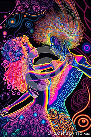 Hippies couple dancing in neon colors. Dancing people on the hippie party. People use LSD and magic mushroom. Generative ai Cartoon Illustration
