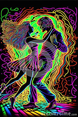 Hippies couple dancing in neon colors. Dancing people on the hippie party. People use LSD and magic mushroom. Generative ai Cartoon Illustration