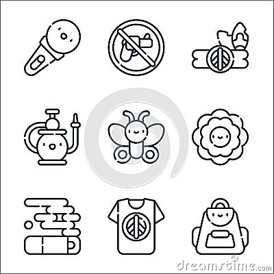 hippies line icons. linear set. quality vector line set such as backpack, t shirt, cigarette, flower, butterfly, hookah, headband Vector Illustration