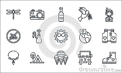 hippies line icons. linear set. quality vector line set such as sneaker, ice cream, necklace, camper van, camping tent, stop, Vector Illustration