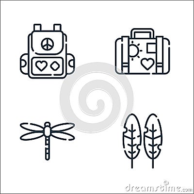 hippies line icons. linear set. quality vector line set such as bird feather, dragonfly, travel bag Vector Illustration