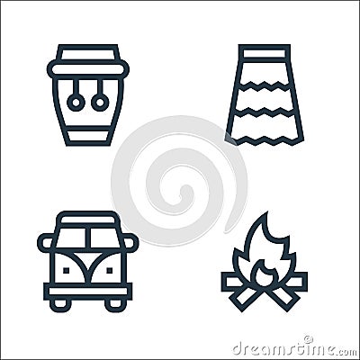 hippies line icons. linear set. quality vector line set such as bonfire, van, skirt Vector Illustration