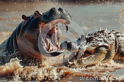 Hippo attacks crocodile in the river. Predators fight. AI Generated Stock Photo