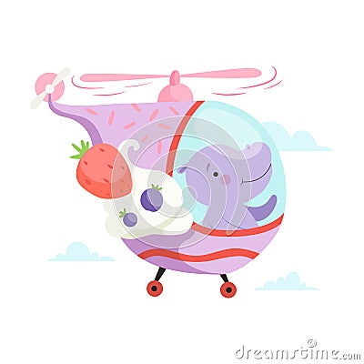 Hippo Baby Flying on Cute Helicopter, Funny Adorable Animal in Transport Vector Illustration Vector Illustration