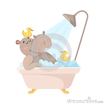 Hippo Character in Bathtub Bathing and Washing with Rubber Yellow Duck Follow Hygiene Rule Vector Illustration Vector Illustration