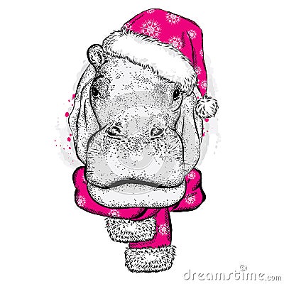 Hippo in Christmas hat. Vector Illustration