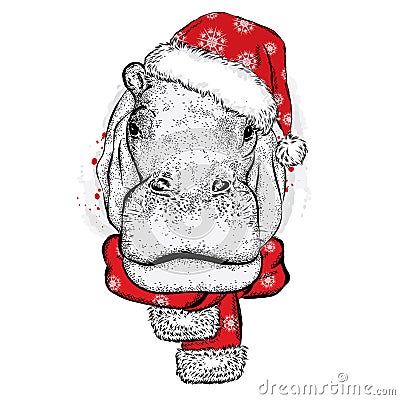 Hippo in Christmas hat. Vector Illustration