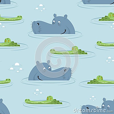 Hippo and crocodile in water seamless pattern. Vector Illustration