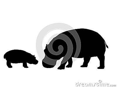 Hippo and cub hippo mammal black silhouette animal Vector Illustration