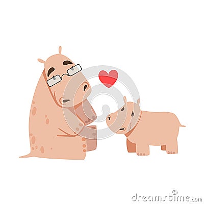 Hippo Dad With Glasses Animal Parent And Its Baby Calf Parenthood Themed Colorful Illustration With Cartoon Fauna Vector Illustration