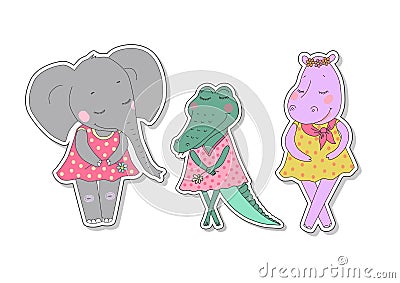 Hippo, elephant and crocodile girls with closed eyes Vector Illustration