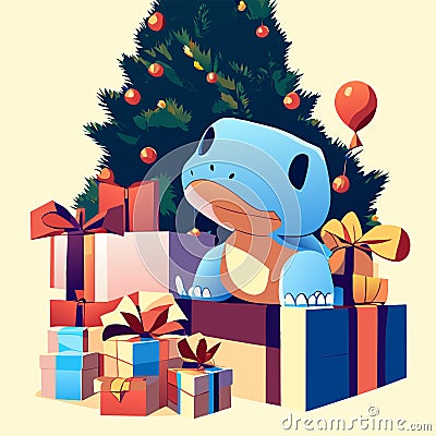 Hippo with gifts under the Christmas tree. Vector illustration. Generative AI Vector Illustration