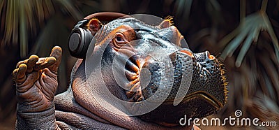 Hippo with headphones on a dark background. Generated AI Stock Photo