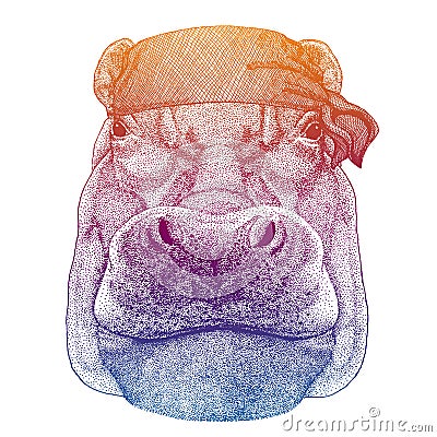 Hippo, Hippopotamus, river-horse. Wild pirate or biker. Vector animal portrait. Sailor, motorcyclist. Print for children Vector Illustration