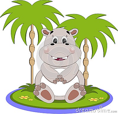 Hippo on island Cartoon Illustration