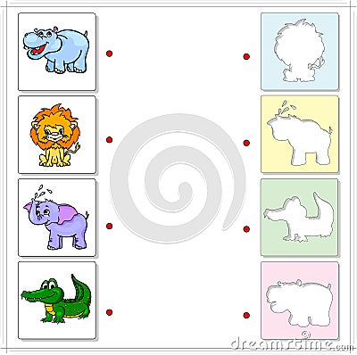 Hippo, lion, elephant and crocodile. Educational game for kids Vector Illustration