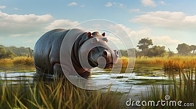 Realistic Yet Stylized Hippo On Grassy Bank Cartoon Illustration