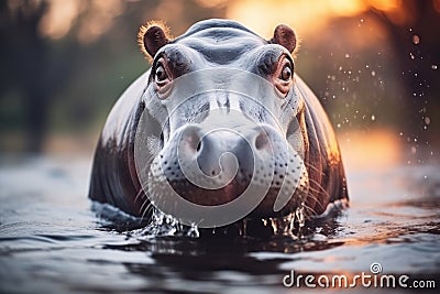 Hippo open muzzle in river water AI generated Stock Photo