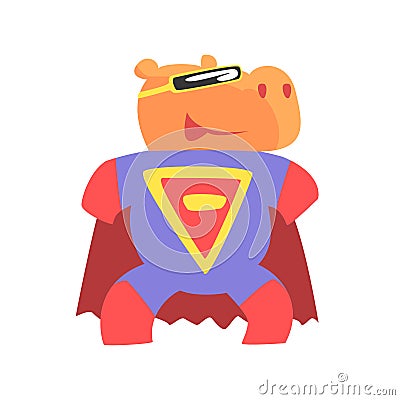 Hippo Smiling Animal Dressed As Superhero With A Cape Comic Masked Vigilante Geometric Character Vector Illustration