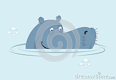 Hippo in water. Big fat hippopotamus in swamp. Cute hippo head Vector Illustration